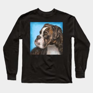 Painting of a Brindled Brown and White Boxer Dog Look to the Side on Blue Background Long Sleeve T-Shirt